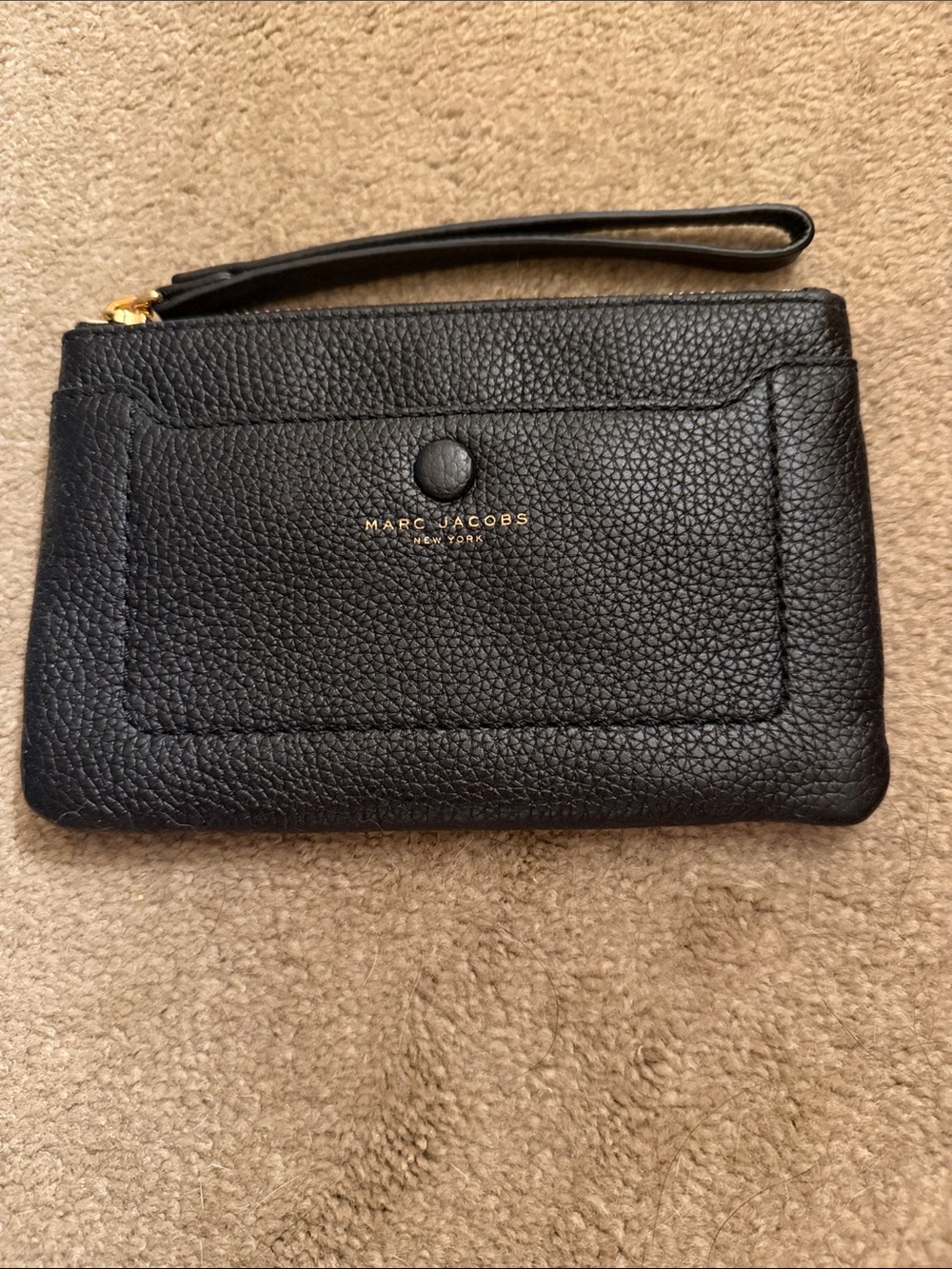 Marc Jacobs Black Pebbled Leather Wristlet Pouch with Gold Logo